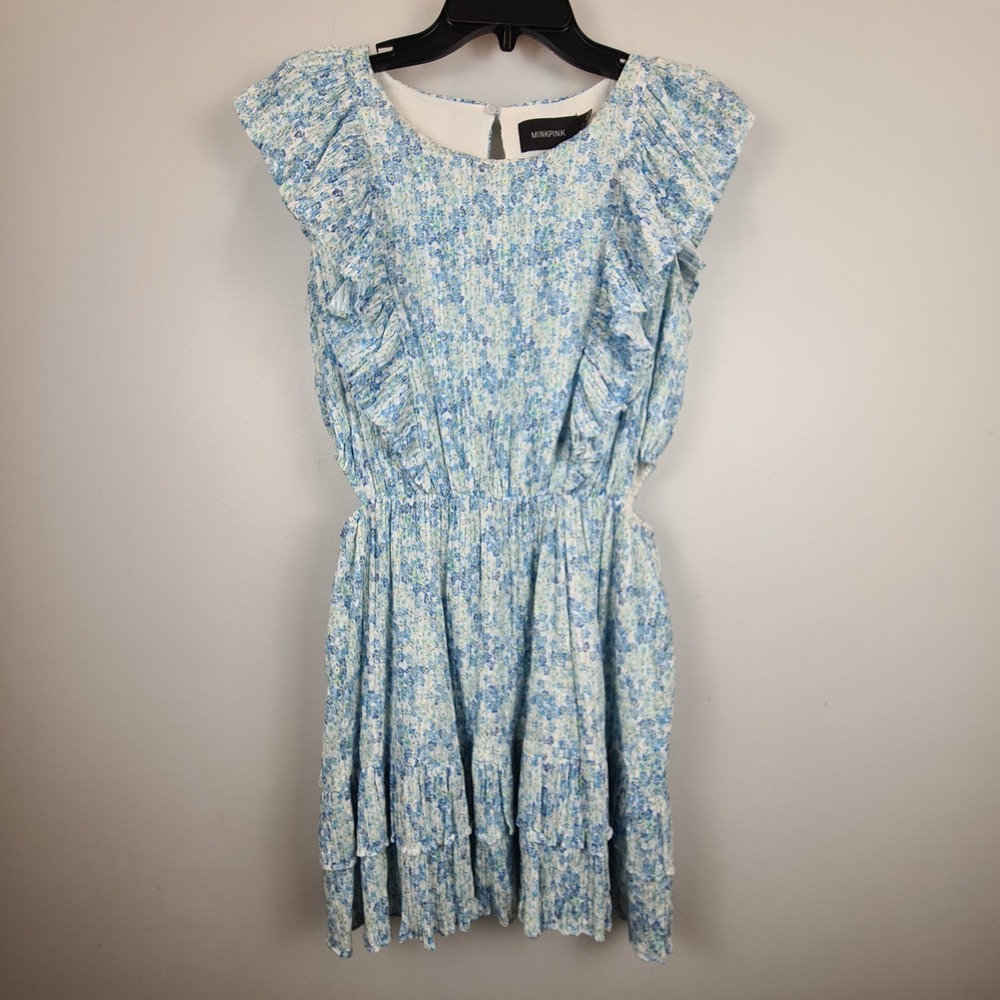 MINKPINK Zahari Blue Floral Ruffle‎ Cutout Mini Dress M Cotton Smocked Tiered